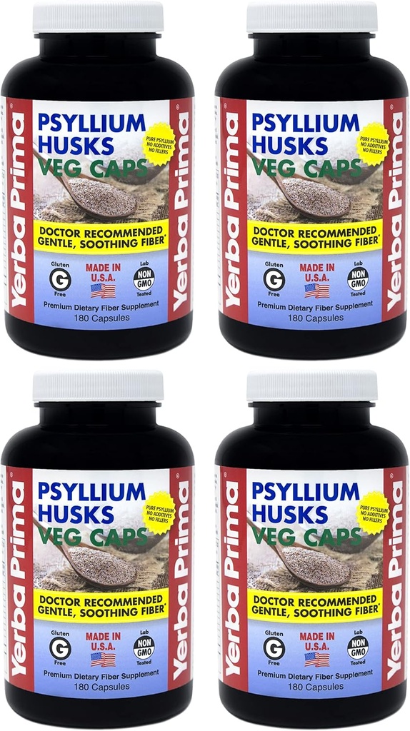 Yerba Prima Psyllium Husks Veg Caps - 180 Count (Pack of 4) - Vegan, Non-GMO, Gluten Free, Colon Cleanser, Daily Fiber Supplement for Gut Health & Regularity