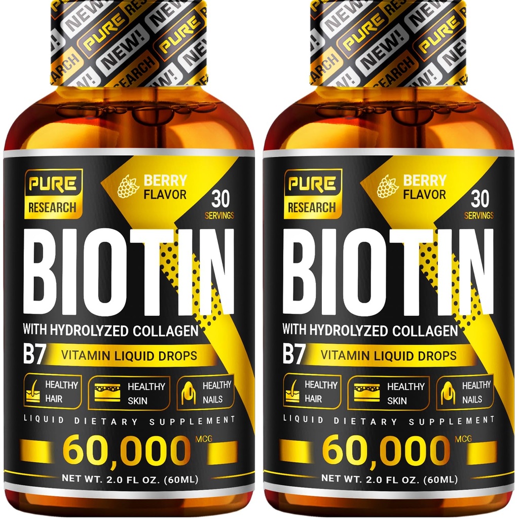PURE RESEARCH Biotin & Collagen 60,000mcg Hair Growth Liquid Drops, Supports: Strong Nails, Glowing Skin, Healthy Hair Growth, More Absorption Than Capsules & Pills (4Fl Oz)