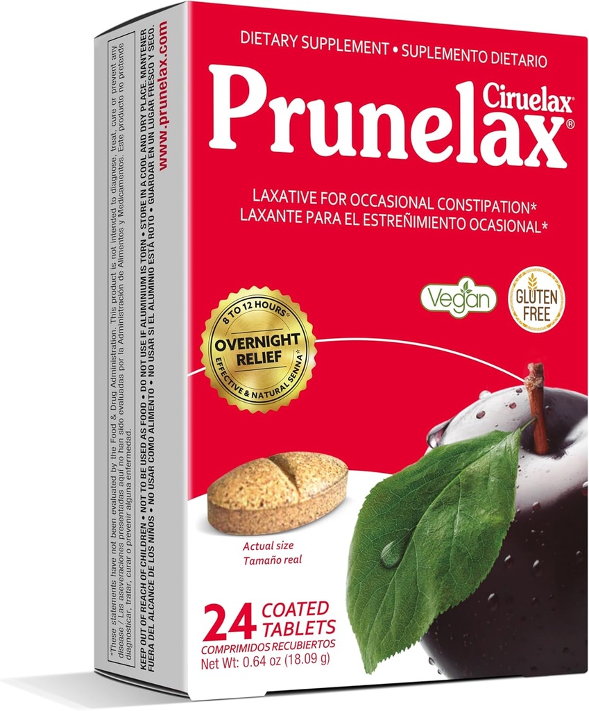 Prunelax Ciruelax Regular Strength Laxative Tablets - Overnight Relief for Occasional Constipation, Senna Extract, Vegan & Gluten-Free, Fast-Acting Gentle Relief - 24ct