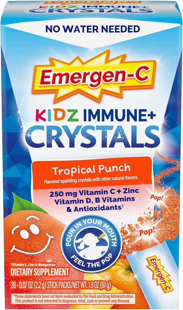 Emergen-C Kidz Immune Plus Crystals, On-The-Go Immune Support Supplement with Vitamin C, Vitamin D, B Vitamins, Zinc and Manganese, Tropical Punch, Back to School Essentials - 28 Stick Packs