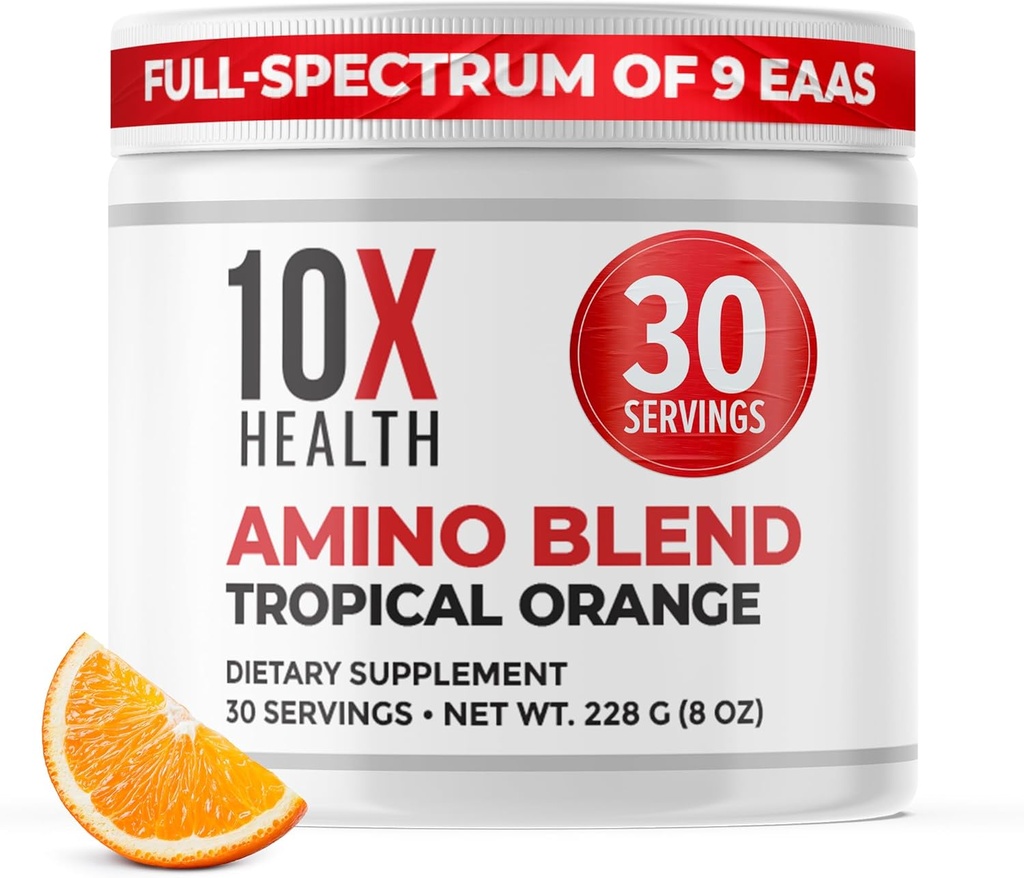 10X Health Amino Acids - 30 Servings of EAA & BCAA Powder, Pre Workout BCAA with Essential Amino Acids Supplement - BCAAs & EAAs for Longevity, Muscle Support, Strength, Energy - Tropical Orange