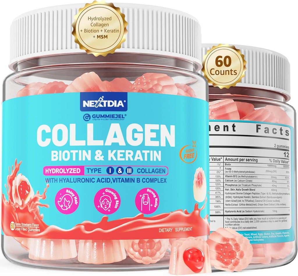 Multi Collagen Filled Gummies for Women Sugar Free Biotin 10000mcg, Multivitamin Hair Skin and Nails Vitamins for Hair Growth, with Hydrolyzed Collagen Peptide Keratin Hyaluronic Acid MSM Vitamin B