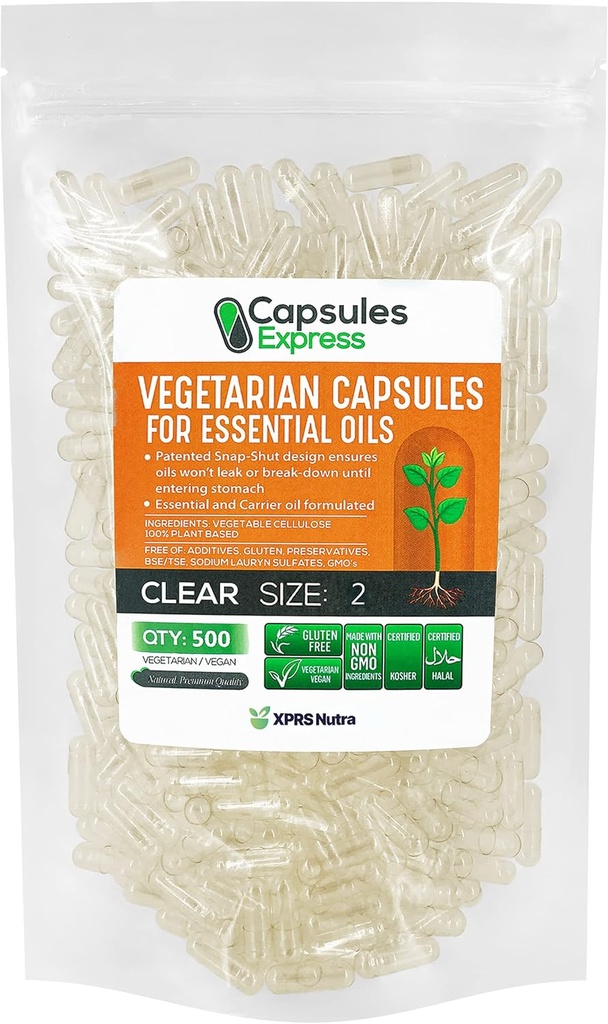 XPRS Nutra Size 2 Empty Vegan Capsules - 500 Count Clear Veggie Caps for Essential Oils - Empty Vegetable Capsules for Essential Oils - DIY Pill Filling