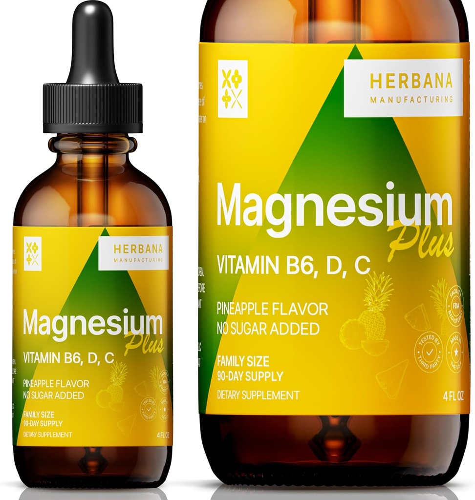 Magnesium Plus Pineapple Flavor - Magnesium Citrate, Glycinate/L-threonate & Vitamin B6, D, C/Liquid Drops Supplement 4 fl oz - Advanced Complex - 90-Day Supply