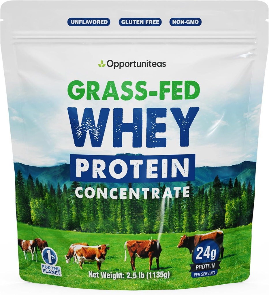 Opportuniteas Grass Fed Whey Protein Powder Concentrate - 1 Ingredient - Pure Protein Supplement for Drink, Smoothie, Shake, Cooking & Baking - Non GMO, Hormone Free & Gluten Free - 2.5 lbs