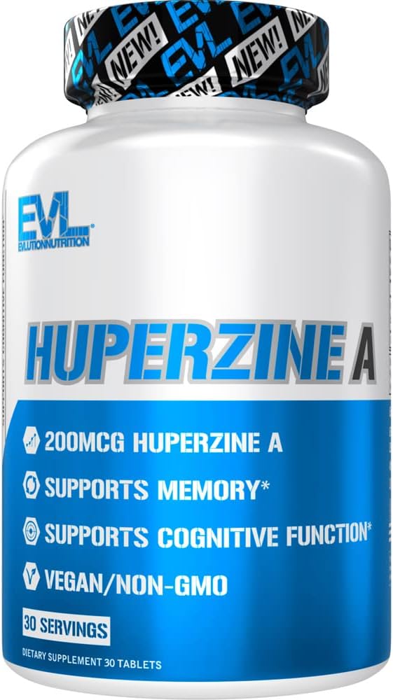 Evlution Huperzine A Nootropics Brain Support Supplement Nutrition Focus and Memory Supplement for Brain Health - 200mcg Huperzine A for Enhanced Cognitive Performance - 30 Vegan Tablets