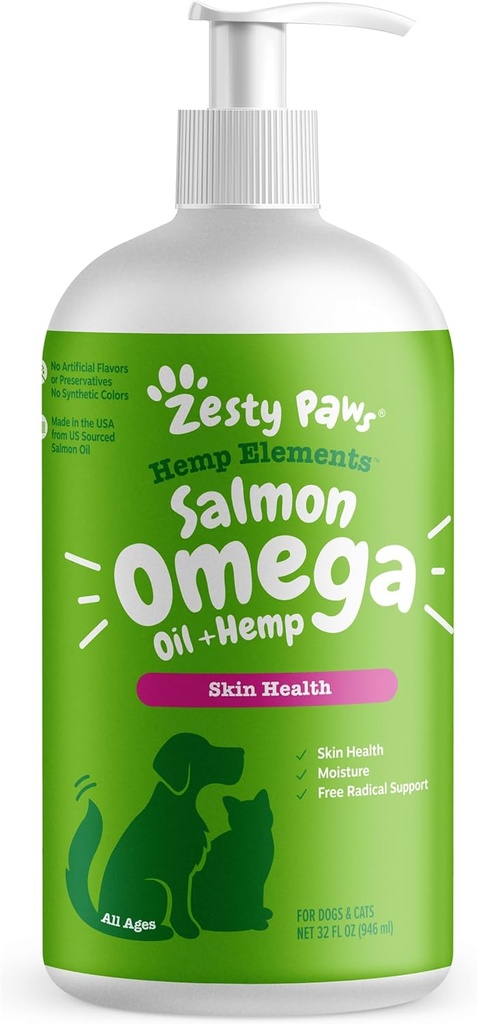 Zesty Paws Salmon Omega Oil Hemp for Dogs and Cats with Wild Alaskan Salmon Oil Omega 3 and 6 Fatty Acids with EPA DHA for Pets Supports Normal Skin Moisture and Immune System Function 32oz