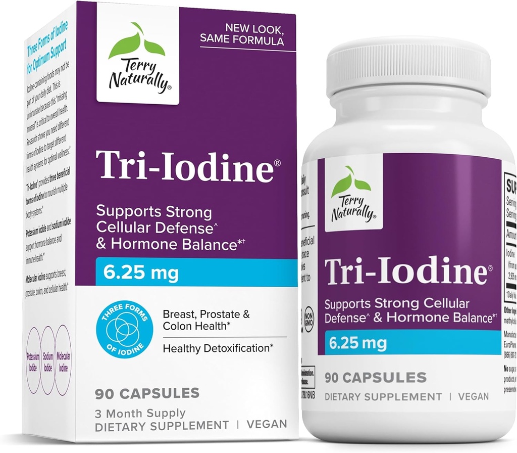 Terry Naturally Tri-Iodine - Support Thyroid Health - Aids Hormone Balance with Molecular Iodine from Kelp - Features Potassium Iodide & Sodium Iodide - Brain & Energy Support - 6.25mg, 90 Capsules