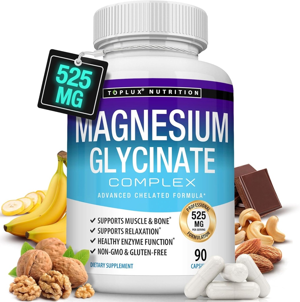 Magnesium Glycinate 525mg - High Absorption Chelated Magnesium Supplement Made with Pure Magnesium Glycinate - Supports Muscles, Sleep, Cramps, Recovery Bisglycinate Complex Vegan Non-GMO 90 Capsules