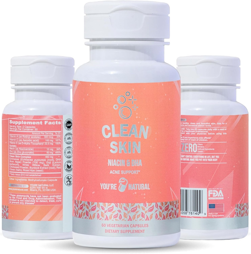 YOU'RE NATURAL Clean Skin Supplement | Acne Support | Skin Support Vitamins for Women, Men & Teens, Vitamin A, Zinc, DHA, Vitamin B3, Vitamin C, Vitamin E - Gluten Free - Made in USA - 60 Capsules