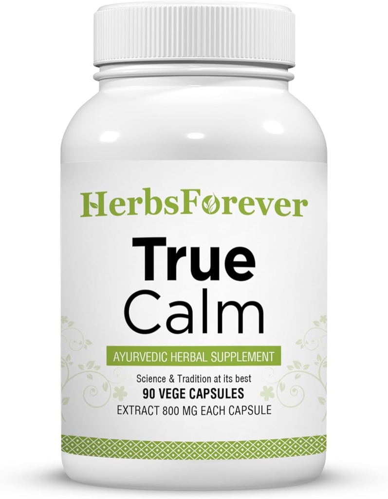 Herbsforever True Calm Capsules Ayurvedic Herbal Formulation Stress Relief Formula Provides Calmness and Comfortable Sleep 90 Vege Capsules 800 Mg Each
