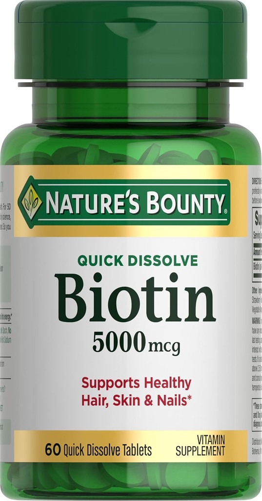 Nature's Bounty Biotin, Supports Metabolism for Cellular Energy and Healthy Hair, Skin, and Nails, 5000 mcg, 60 Quick Dissolve Tablets