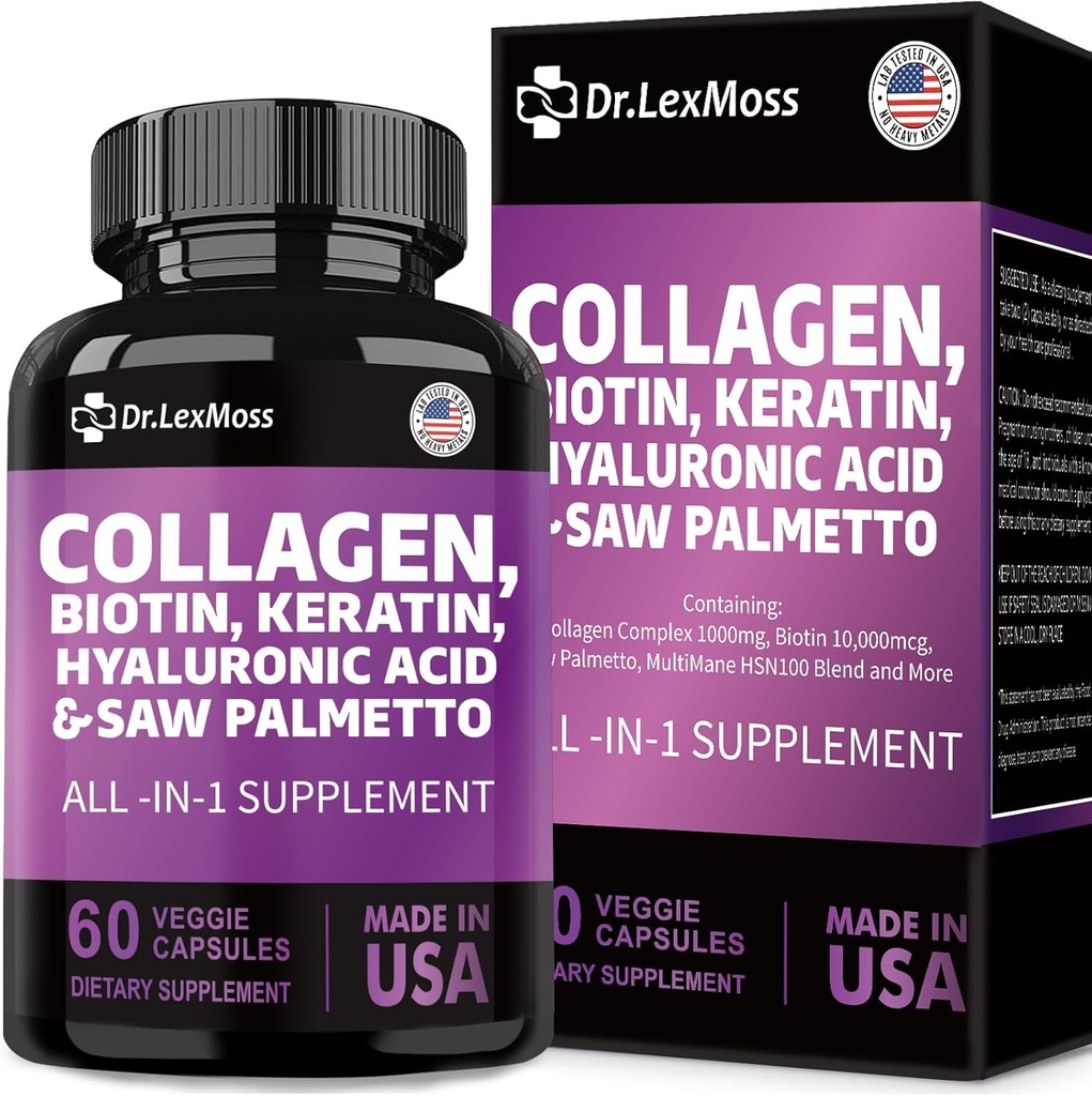 Collagen Pills Biotin Keratin Saw Palmetto Hyaluronic Acid, Vitamins and DHT, Vitamin E Folic Acid Pumpkin Seed MSM for Men and Women Hair Skin and Nails, 60 Capsules