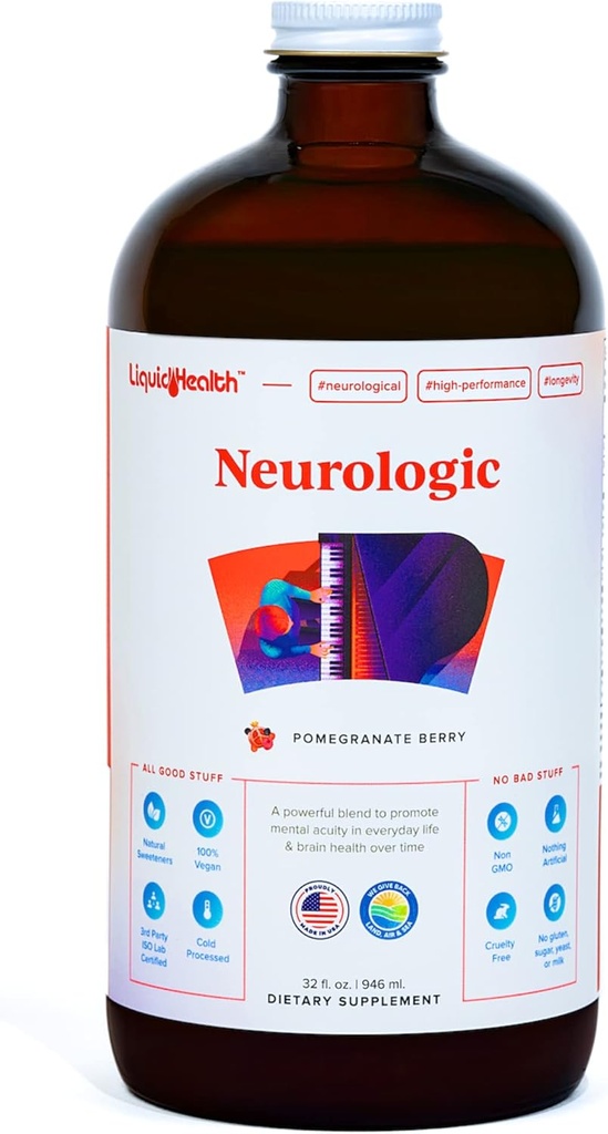 LIQUIDHEALTH Neurologic Focus Supplement - Brain Booster Nootropic Supplement for Cognitive Function, Memory & Focus with Ginkgo Biloba, Choline, L-Theanine & Phosphatidylserine - USA Made (32 oz)
