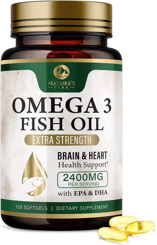 Omega 3 Fish Oil Pills 2400mg - Triple Strength Omega 3 Fish Oil Supplements - Best EPA & DHA Fatty Acids for Brain & Heart Health Support, Nature's Omega3 Supplement, 60 Day Supply - 120 Softgels