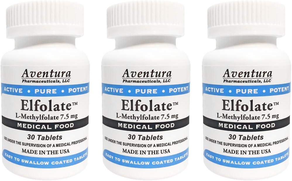 ELFOLATE® 7.5mg 3 Pack L-Methylfolate Methyl Folate Methylfolate Medical Food Supplement Professional Strength Active Pure Potent 30 Tablets