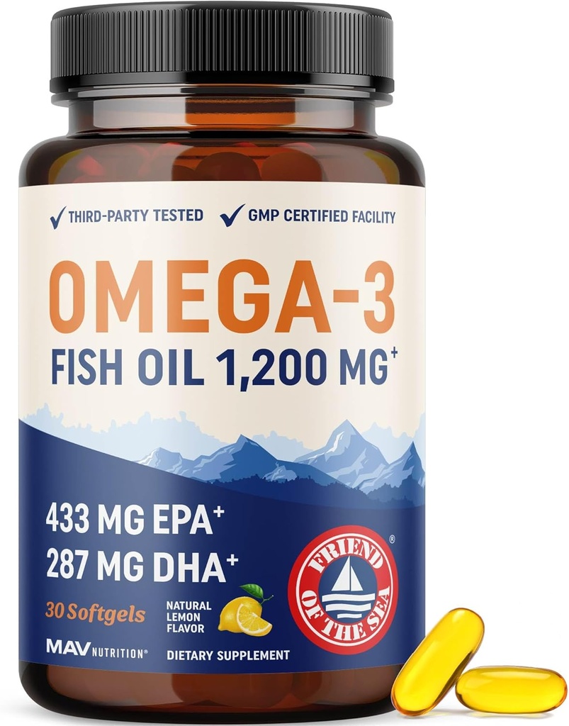 Triple Strength Omega 3 Fish Oil 1200 mg | EPA &amp; DHA | Wild Caught, Sustainably Sourced Omega-3 Fatty Acids | Premium Burpless Fish Oil Supplements | Non-GMO, Third-Party Tested | 30 Softgels