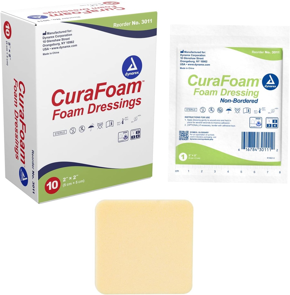 Dynarex 3011 CuraFoam Foam Dressing, Non-Bordered, Sterile, Provides Cushioned and Moist Wound Care, 2" x 2", Pack of 10