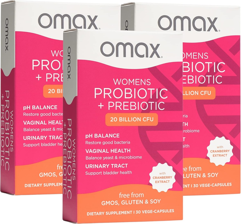 Omax3 Womens Probiotic + Prebiotic, Cranberry & Chicory Root, 20 Billion CFU, 6 Clinically Proven Strains, Vaginal pH, UTI, Bloating, (Packaging May Vary) | 90 Vege Capsules (3 Boxes)