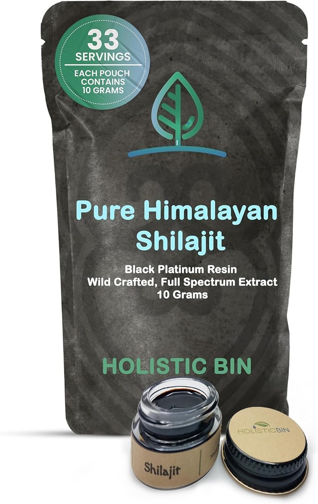 Holistic Bin Shilajit Resin - Himalayan Fulvic & Trace - Black Platinum Resin - Shilajit Extract - Mix Into Liquids - Serving Spoon Included - 10g
