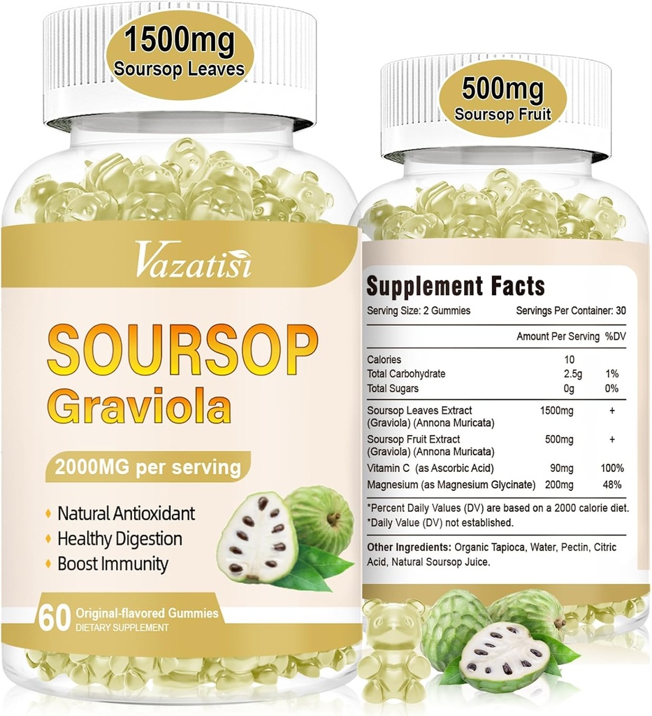 2 Pack Soursop Graviola Gummeis, Organic Soursop Leaves and Fruit Extract for Cell Support & Regeneration, Immune Boost, Digestive Aid, Sugar Free/Vegan, Original Flavor