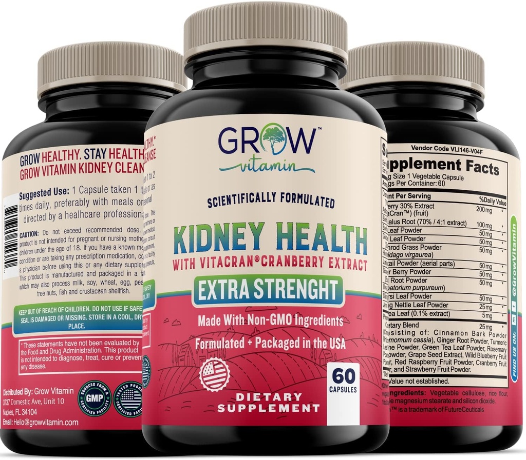 grow vitamin Premium Kidney Cleanse Supplement – Powerful Kidney Support Formula with Cranberry Extract Helps Support Healthy Kidneys & Urinary Tract Support– 60 Vegetarian Capsules