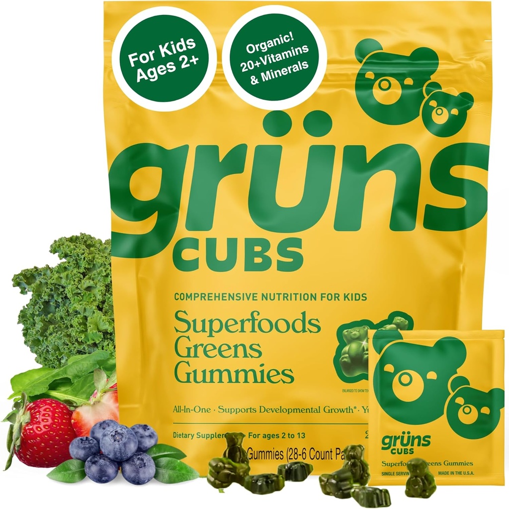 Gruns Multivitamin for Kids, Super Greens Gummies, Superfood Gummy Bears with 20+ Vitamins & Minerals, Spirulina, Chlorella, Prebiotics Fiber for Digestive Health, Adaptogens Supplement, 28 day Supply