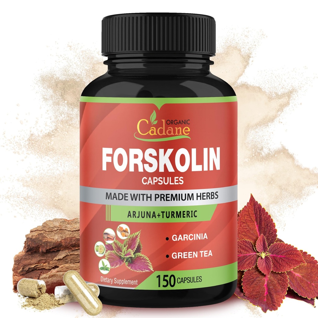 Cadane Forskolin Supplements - 5in1 with Turmeric Curcumin, Arjuna, Garcinia Cambogia, and Green Tea - 5 Month Supply - 150 Capsules