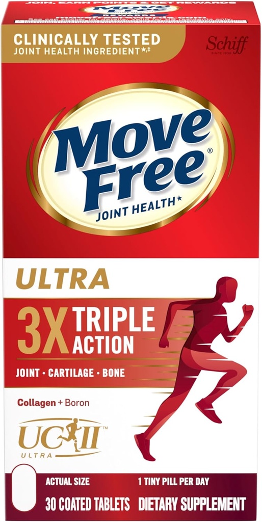 Move Free Ultra Triple Action Joint Support Supplement - Type II Collagen Boron & Hyaluronic Acid - Supports Joint Comfort, Cartiliage & Bones in 1 Tiny Pill Per Day, 30 Tablets (30 servings)*