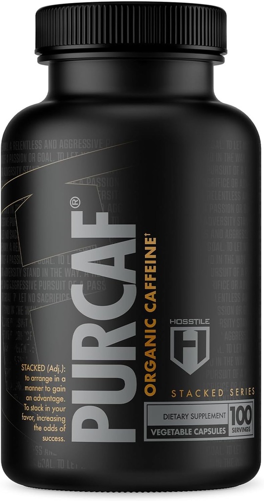 HOSSTILE PurCaf Organic Caffeine Capsules, Natural Energy Supplement, No Crash or Jitters, Pre Workout Focus & Energy, 200mg Per Serving, 100 Pills