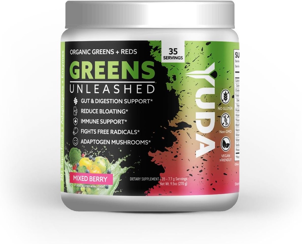 Yuda Organic Greens Unleashed Powder - Antioxidant Superfood Mixed Berry Drinks for Immune Support & Gut Health - Low Sugar, Non-GMO & Keto-Friendly Green Supplement - 35 Servings (Pack of 1)