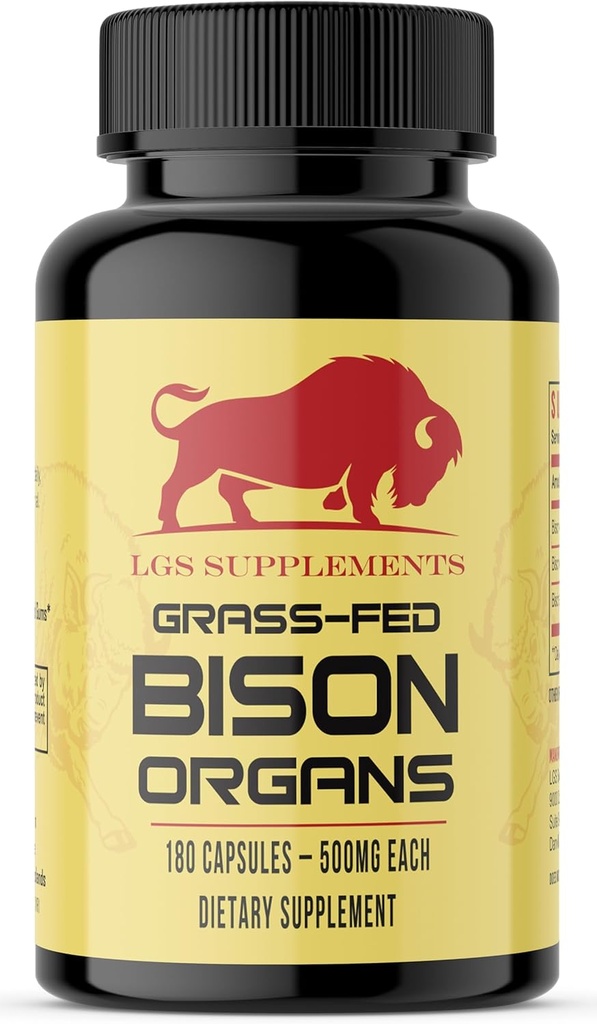 Grass Fed Bison Organ Supplement, Supports Whole Body Wellness with Proprietary Blend of Liver, Heart, Kidney, Freeze-Dried Bison, Non-GMO, 180 Capsules