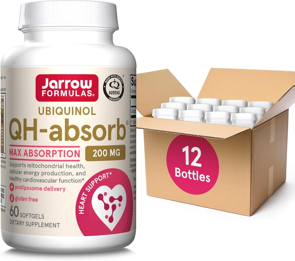 Jarrow Formulas QH-Absorb, 200 mg, Ubiquinol Dietary Supplement for Healthy Cardiovascular Function, 60 Softgels, 60 Day Supply(PACK OF12)
