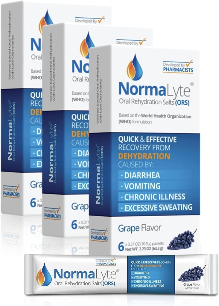 NormaLyte Oral Rehydration Salts-18 Sticks Packs (Yields 500mL per Pack)-Grapes| Energy Supplements, Potassium Supplement, Dehydration Recovery and Quick Absorption