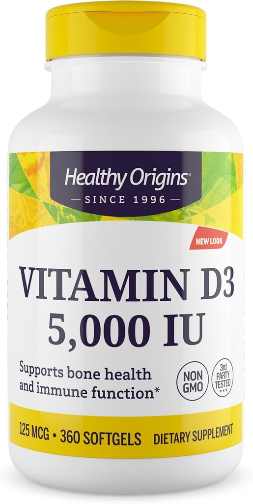 Healthy Origins Vitamin D3 (Lanolin) 5,000 IU Softgel - Bone Health and Immune Support Supplement - Easily Absorbable Vitamin D Supplements - Gluten-Free Vitamin D3 Supplement - 360 Softgels