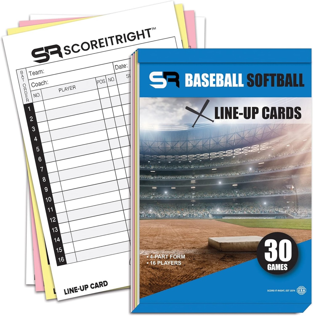 Baseball/Softball Lineup Cards – 16 Player Book Format Lineup Cards for 30 Games – Flipbook Carbon Copy 4 Part Form – Time Saving and Practical Baseball Coaching Accessories
