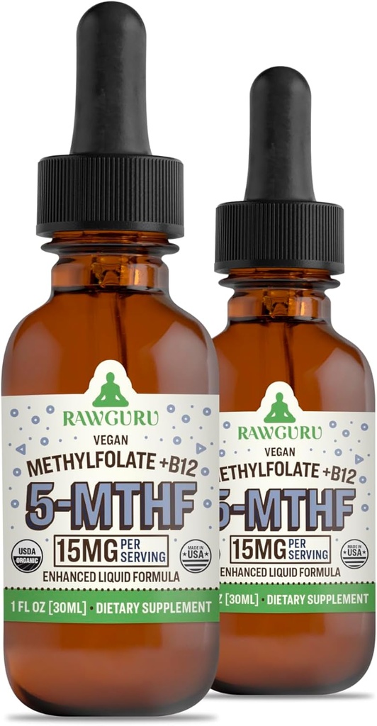 RawGuru L-Methylfolate 15 mg + Vitamin B12 - Organic Vegan Methylated B12 with Trace Minerals - Nano-Processed & Enhanced Liquid Formula - 300 Servings Vegan Drops per 30 ml, Pack of 2