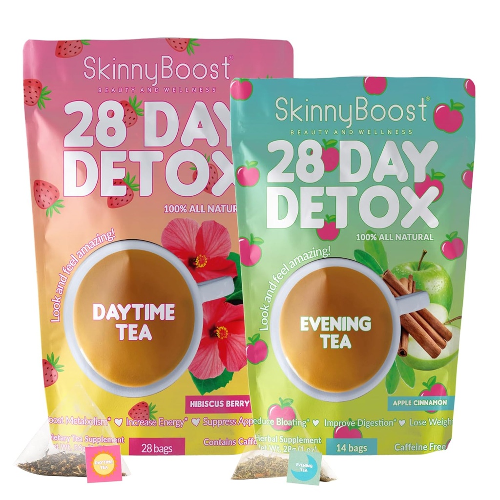 SkinnyBoost 28 Day Detox Tea Kit-1 Daytime Hibiscus (28 Bags) 1 Evening Apple Cinnamon(14 Bags) Non GMO, Vegan, All Natural, Green Tea and Herbal Teas for Natural Detox and Cleanse, Reduce Bloating