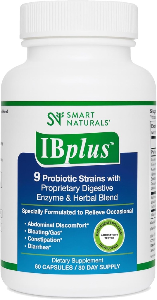 IBplus® Probiotic, Digestive Enzyme & Herbal Blend, Improved Formula-60 Capsules!! for Irritable Bowel - Abdominal Pain, Constipation, Diarrhea, Gas/Bloating –Proprietary Formula by Smart Naturals™
