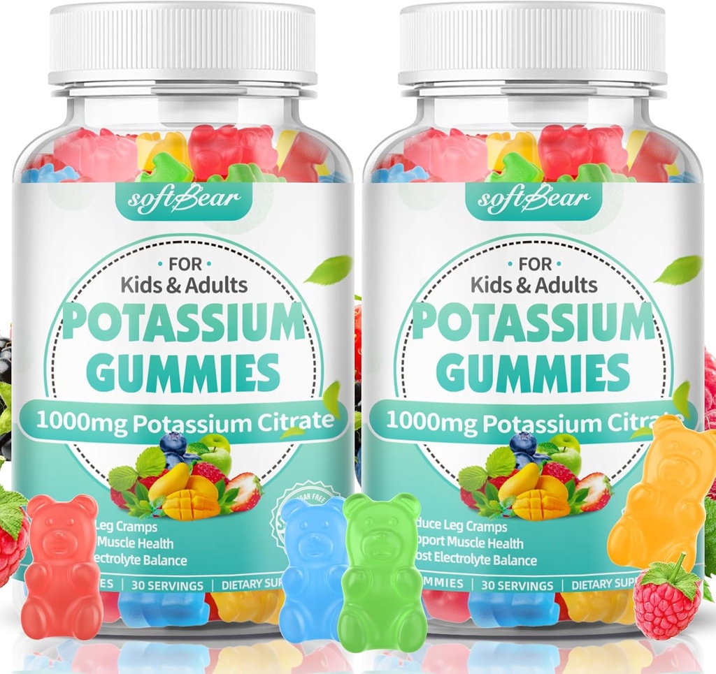softbear Potassium Citrate Gummies, High Potency Potassium Citrate 1000mg Supports Leg Cramps & Muscle Health Potassium Gummies for Adults & Kids Mixed Fruit Flavor 120 Count