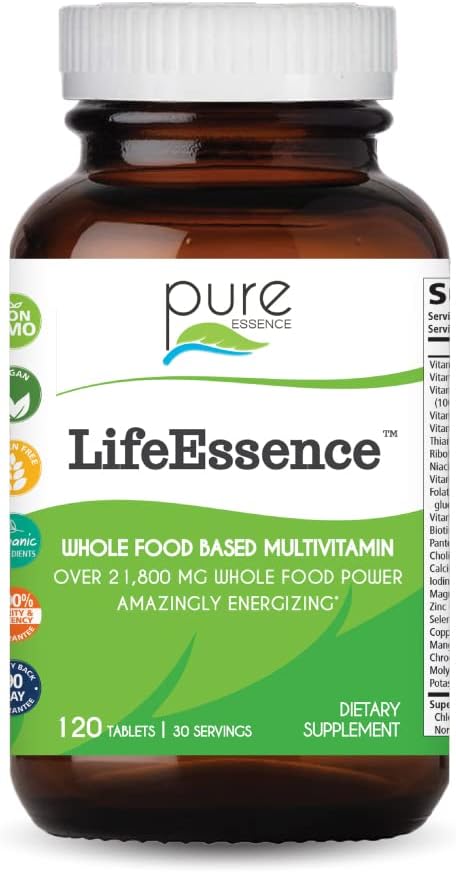 PURE ESSENCE LABS LifeEssence Multivitamin for Women and Men - Natural Herbal Supplement - Vitamin D, Vitamin D3, Vitamin B12, Biotin with Whole Foods (120 Tablets)