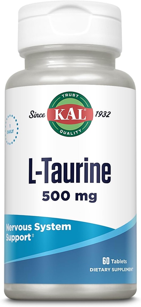 KAL L Taurine 500mg, Amino Acids Supplement, Nervous System Health, Heart Health and Detox Support, Pre Workout Supplement, Rapid Disintegration ActivTabs, 60-Day Guarantee, 60 Servings, 60 Tablets