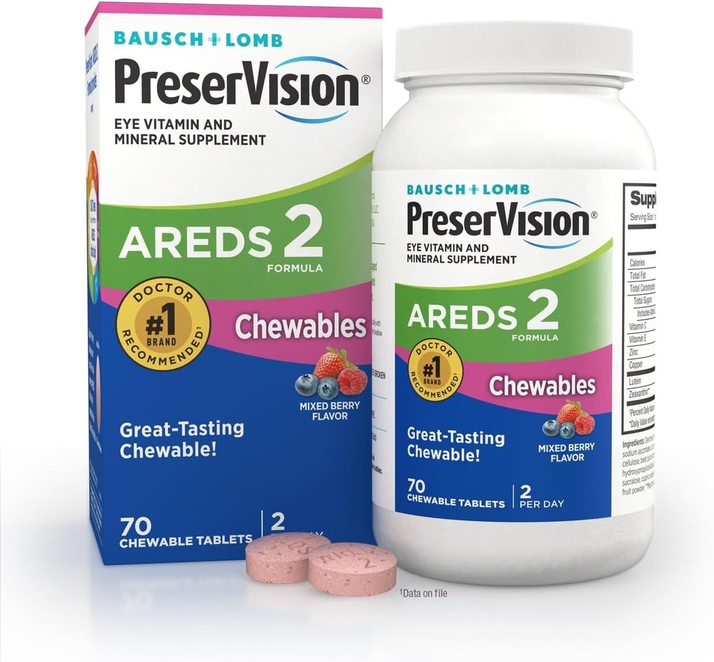 PreserVision AREDS 2 Eye Vitamins, #1 Eye Doctor Recommended Brand, Chewable Lutein and Zeaxanthin Supplement with Vitamin C, Vitamin E,Zinc, and Copper, Mixed Berry, 70 Tablets