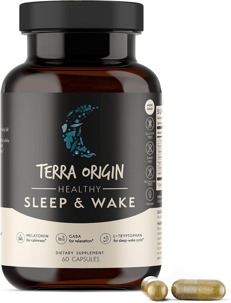 TERRA ORIGIN Healthy Sleep & Wake | Natural Sleep Aid Supplement for Adults | Restful and Awake Refreshed | GABA, L-Tryptophan, Melatonin, Chamomile, Valerian, PassionFlower | 60 Capsules