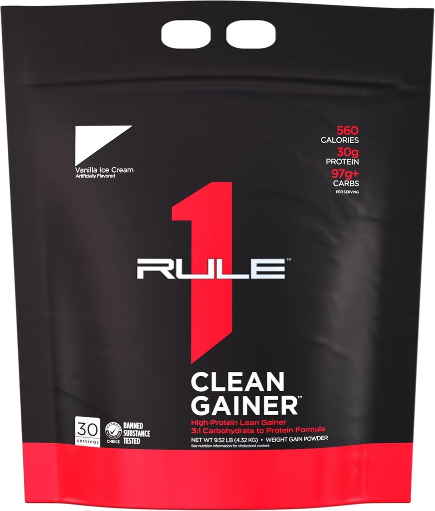 Rule 1 Clean Gainer - High-Protein Lean Gain Formula with 560 Calories, 30g of Full-Spectrum Protein, Over 90g Carbs, Under 6g of Fat (30 Servings, Vanilla Ice Crème)