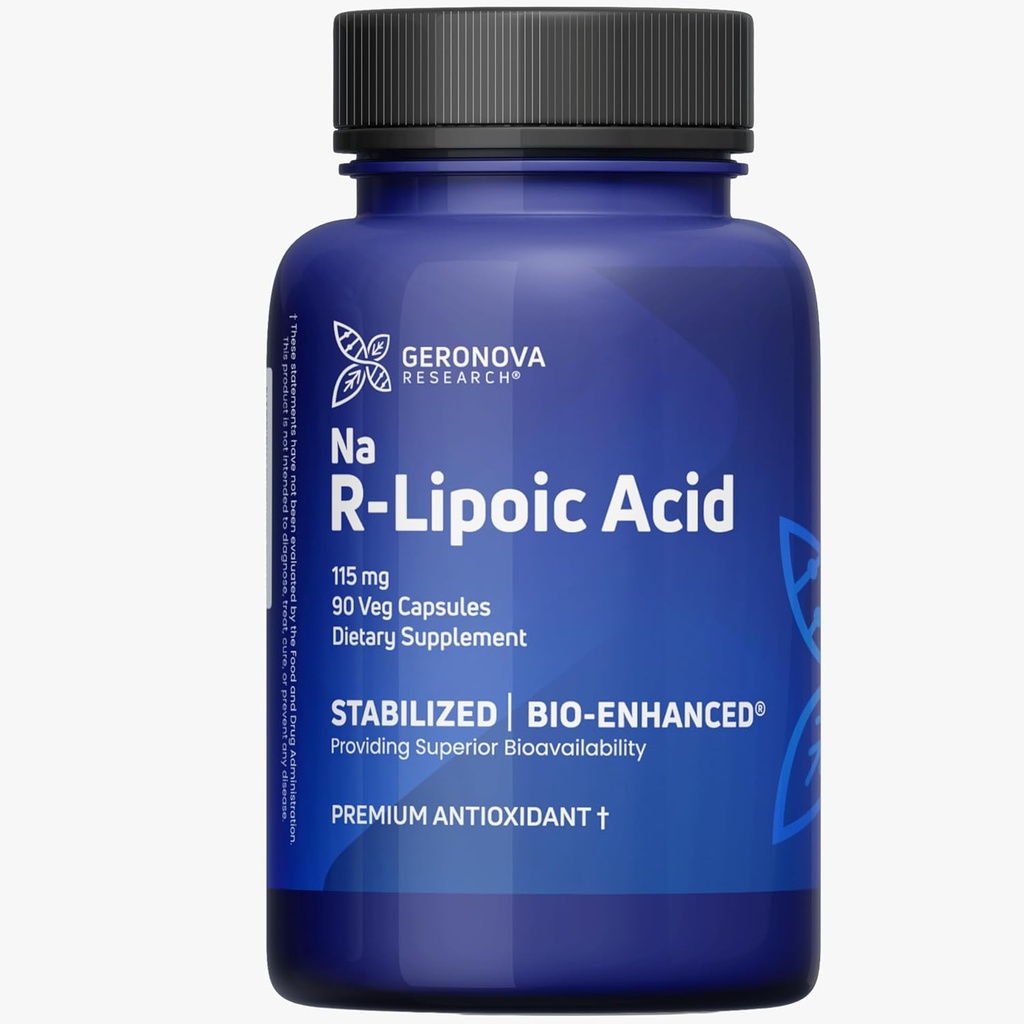 Geronova Research Bio-Enhanced R-Lipoic Acid, 115 mg Capsules - 3 Month Supply - Stabilized R Alpha Lipoic Acid with Enhanced Absorption - R Lipoic Acid Supplement - 90 Count