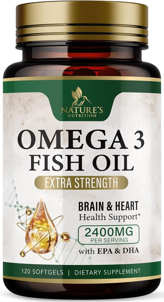 Omega 3 Fish Oil Supplements 2400 mg - Triple Strength Omega3 - EPA & DHA with Essential Fatty Acids - Natural Immune, Brain & Heart Health Support - Burpless, Lemon Flavor, Wild Caught - 120 Softgels