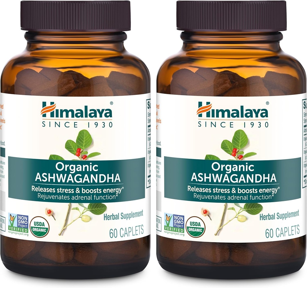 Himalaya Organic Ashwagandha, 120 Day Supply, Herbal Supplement for Stress Relief, Energy Support, Occasional Sleeplessness, USDA Organic, Non-GMO, Vegan, Gluten Free, 670 mg, 60 Caplets, 2 Pack