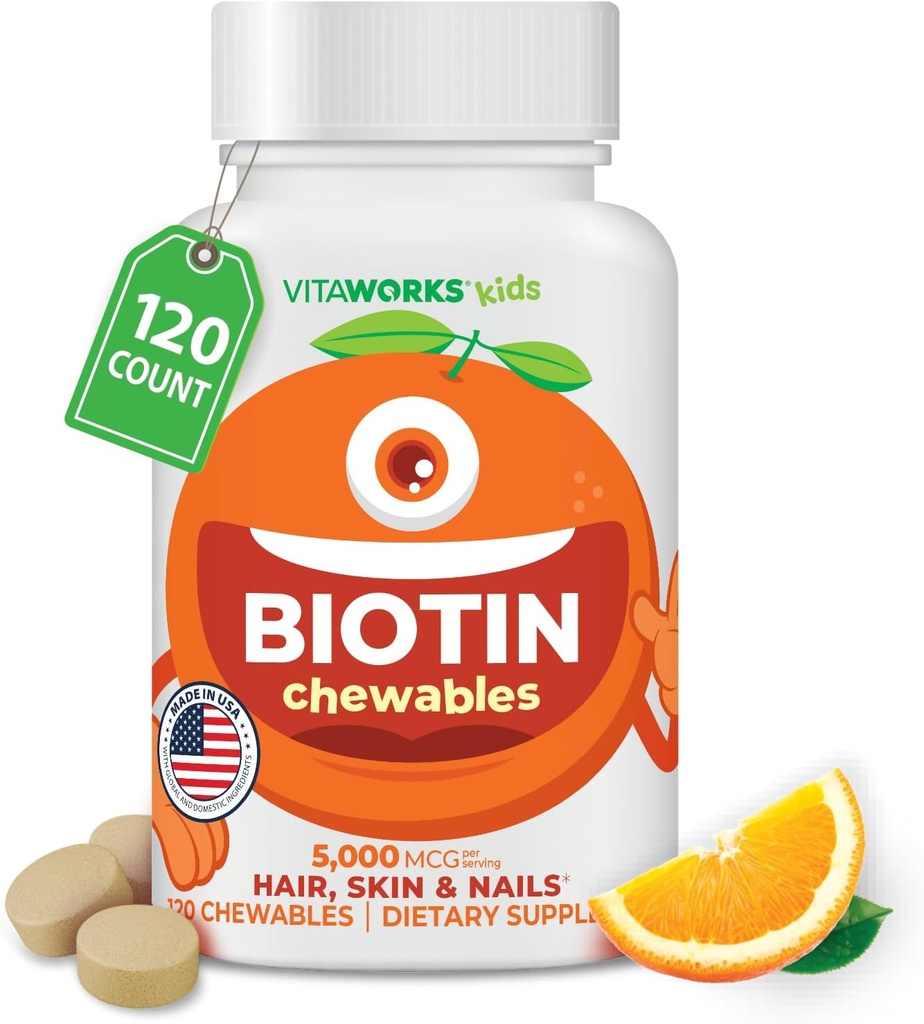 Kids Biotin 5000mcg Chewable Tablets | Tasty Biotin Supplement | Vegan, Non GMO | Hair Growth, Skin and Nail Heath | Hair Vitamins for Kids | 120 Chewables