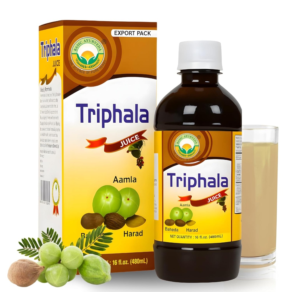 BASIC AYURVEDA Triphala Juice | 16.23 Fl Oz (480ml) | Organic Fruit Juice of Amla Bibhitaki & Haritaki | Natural Source of Vitamin C | for Healthy Hair & Digestion